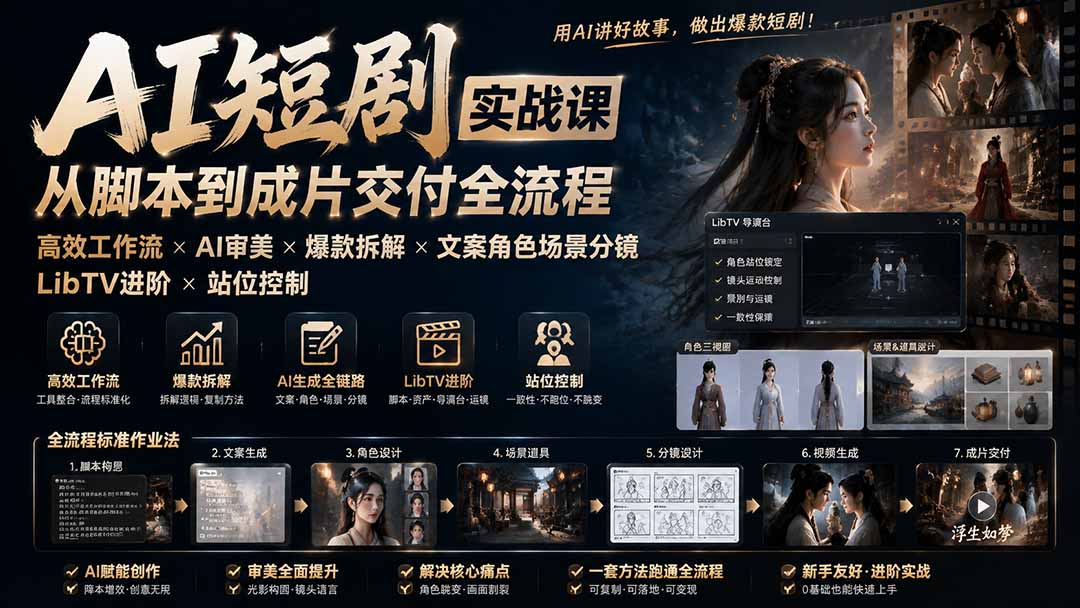 (19717期)AI短剧实战课:高效工作流×AI审美×爆款拆解×文案角色场景分镜×LibTV进阶×站位控制×从脚本到成片交付全流程(教程)-元界资源网