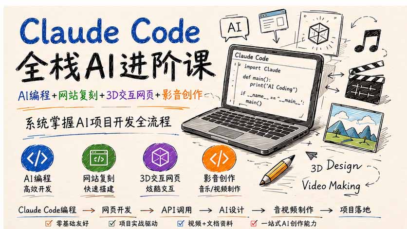 （19735期）Claude Code全栈AI进阶课；AI编程+网站复刻+3D交互网页+影音创作，系统掌握AI项目开发全流程（教程）-元界资源网