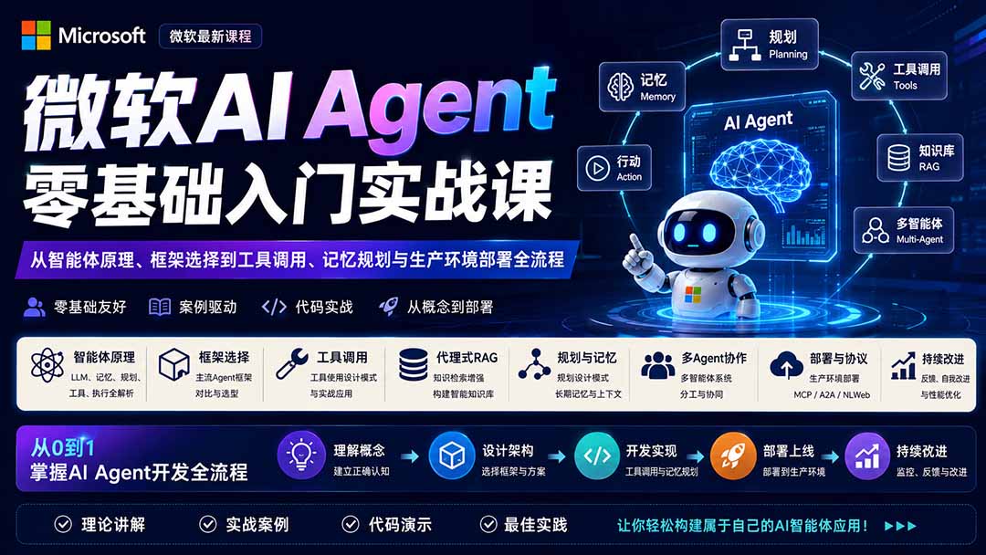 （19977期）微软AI Agent零基础入门实战课：从智能体原理、框架选择到工具调用、记忆规划与生产环境部署全流程（资源下载）-元界资源网