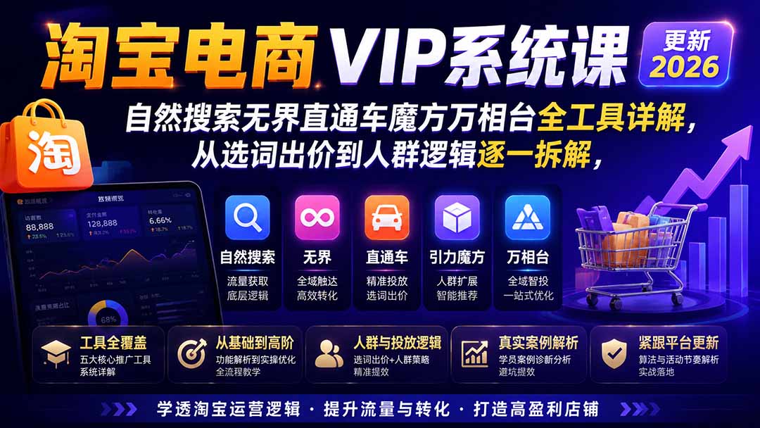（20035期）淘宝电商VIP系统课-更新8月；自然搜索无界直通车魔方万相台全工具详解，从选词出价到人群逻辑逐一拆解（教程）-元界资源网