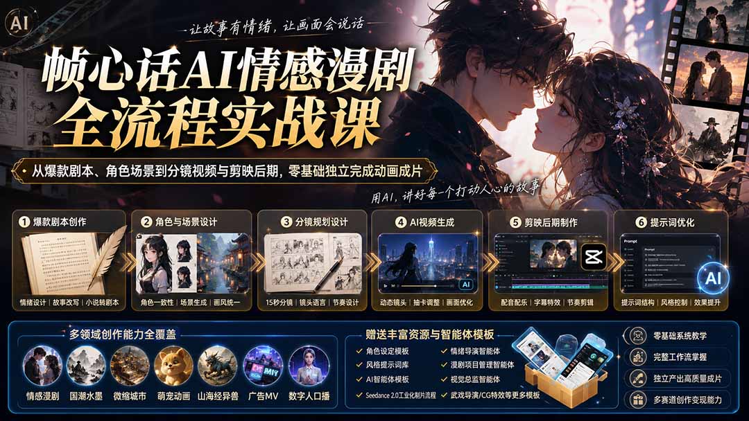 (20036期)帧心话AI情感漫剧全流程实战课:从爆款剧本、角色场景到分镜视频与剪映后期,零基础独立完成动画成片(教程)-元界资源网
