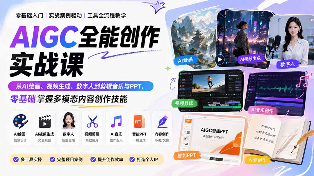 （20065期）AIGC全能创作实战课：从AI绘画、视频生成、数字人到剪辑音乐与PPT，零基础掌握多模态内容创作技能（合集）-元界资源网