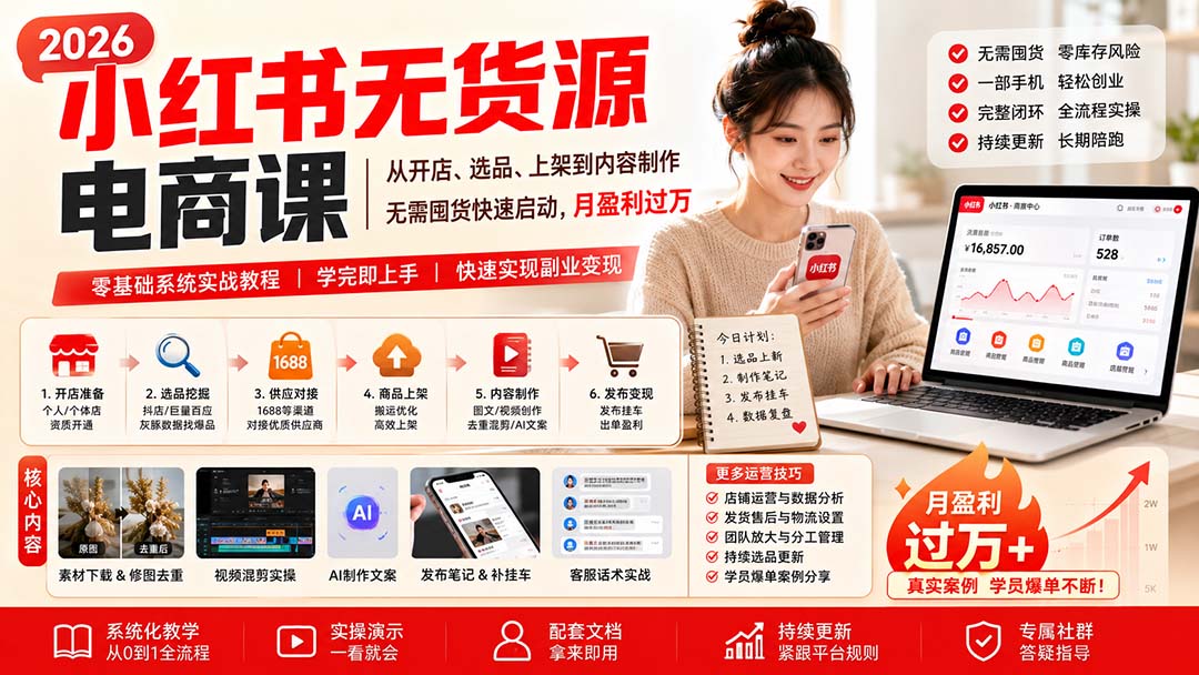 （20154期）小红书无货源电商课(8月30更新)：从开店、选品、上架到内容制作，无需囤货快速启动，月盈利过万（指南）-元界资源网