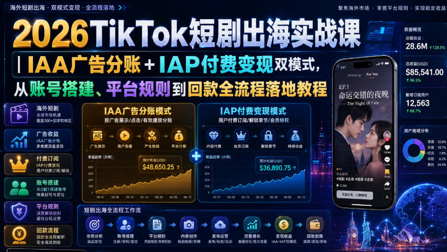 2026TikTok短剧出海实战课|IAA广告分账+IAP付费变现双模式,从账号搭建、平台规则到回款全流程落地教程(详解)-元界资源网
