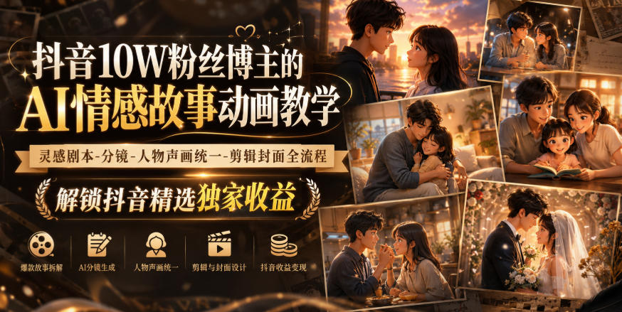 【分享】抖音10W粉丝博主的AI情感故事动画教学，灵感剧本‑分镜‑人物声画统一‑剪辑封面全流程，解锁抖音精选独家收益-元界资源网