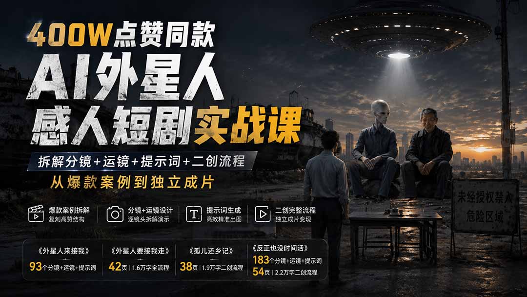 实用（20052期）400W点赞同款AI外星人感人短剧实战课：拆解分镜+运镜+提示词+二创流程，从爆款案例到独立成片-元界资源网