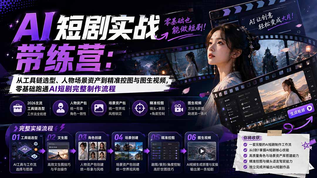 实用（20064期）AI短剧实战训练营：从工具链选型、人物场景资产到精准控图与图生视频，零基础跑通AI短剧完整制作流程-元界资源网