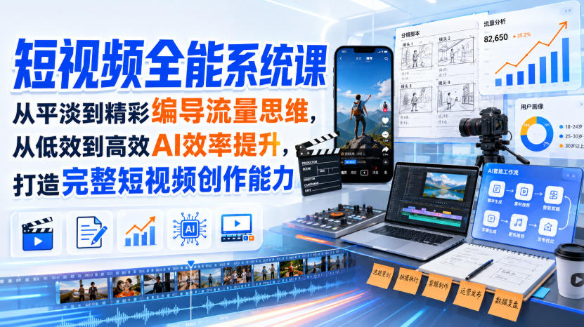 实用短视频全能系统课，从平淡到精彩编导流量思维，从低效到高效AI效率提升，打造完整短视频创作能力（2026年8月30更新233集）-元界资源网