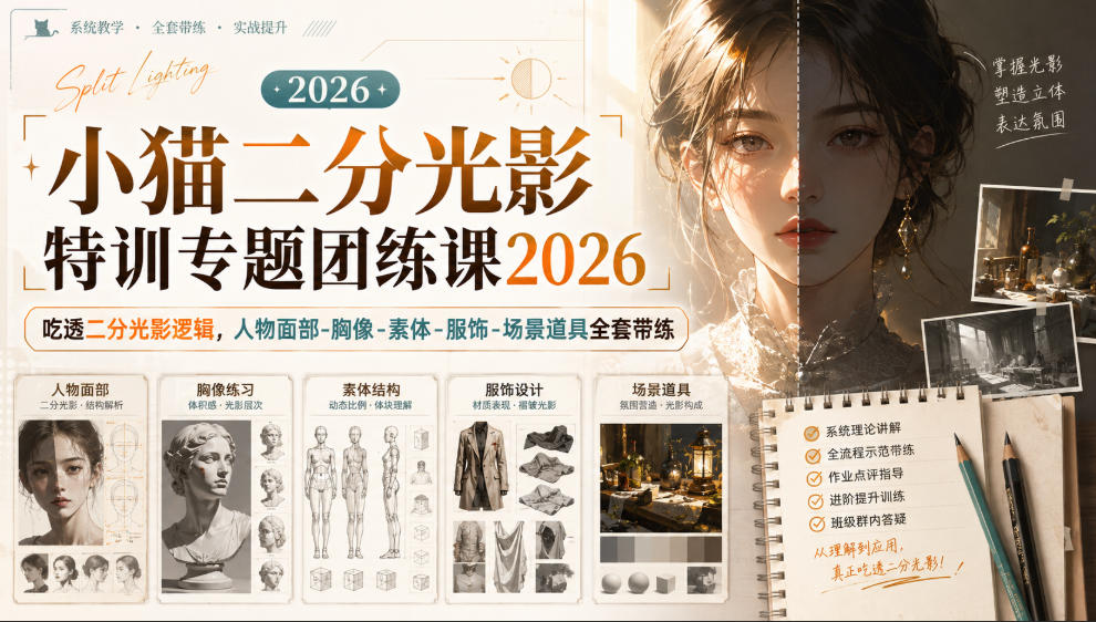 小猫二分光影特训专题团练课2026｜吃透二分光影逻辑，人物面部‑胸像‑素体‑服饰‑场景道具全套带练，高清画质附赠课件与笔刷（资源下载）-元界资源网