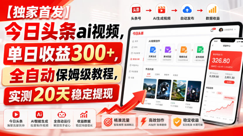 最新【独家首发】今日头条ai视频，单日收益300+，全自动保姆级教程，实测20天稳定提现【揭秘】-元界资源网