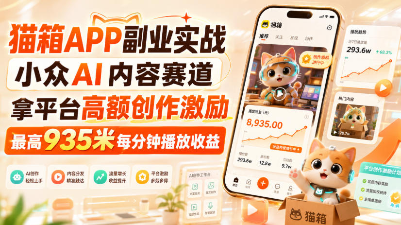 猫箱APP副业实战，小众AI内容赛道，拿平台高额创作激励，最高935米每分钟播放收益（合集）-元界资源网