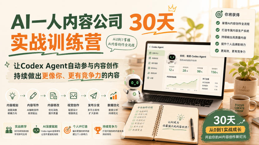 【精选】AI一人内容公司30天实战训练营，让Codex Agent自动参与内容创作持续做出更像你、更有竞争力的内容-元界资源网