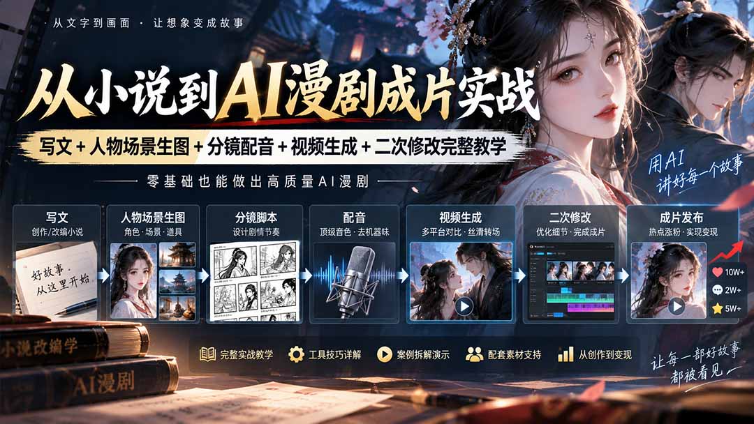 实用(20577期)从小说到AI漫剧成片实战:写文+人物场景生图+分镜配音+视频生成+二次修改完整教学-元界资源网