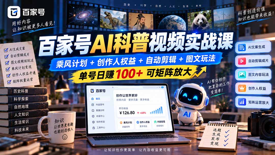 （20579期）百家号AI科普视频实战课：乘风计划+创作人权益+自动剪辑+图文玩法，单号日赚100+可矩阵放大（合集）-元界资源网