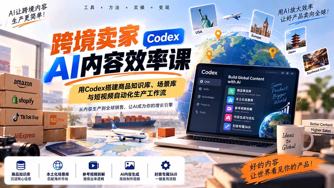 (20595期)跨境卖家AI内容效率课:用Codex搭建商品知识库、场景库与短视频自动化生产工作流(指南)-元界资源网