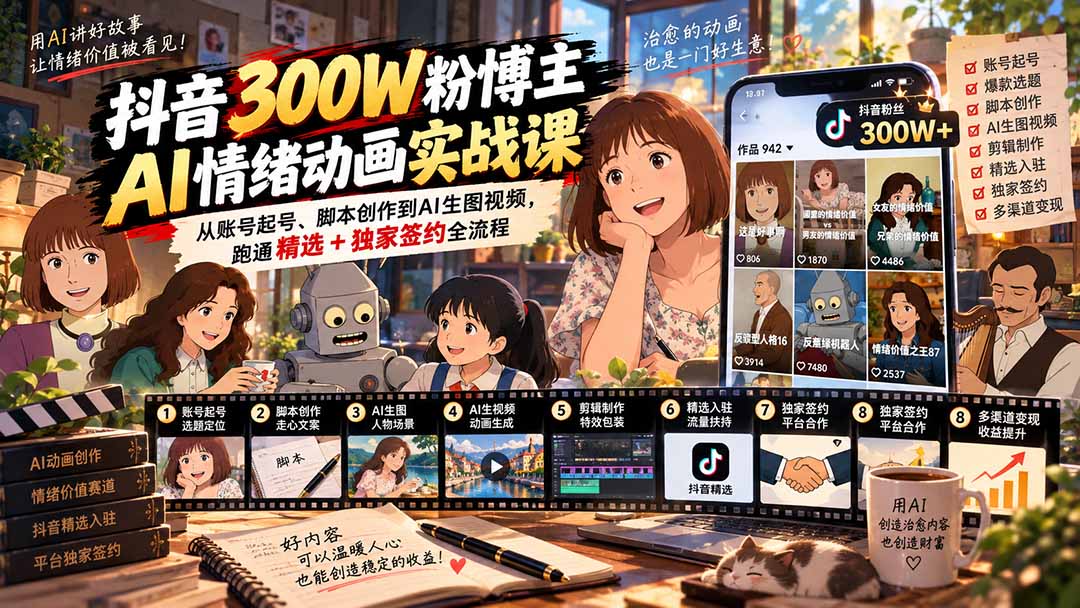 （20616期）抖音300W粉博主AI情绪动画实战课：从账号起号、脚本创作到AI生图视频，跑通精选+独家签约全流程（教程）-元界资源网