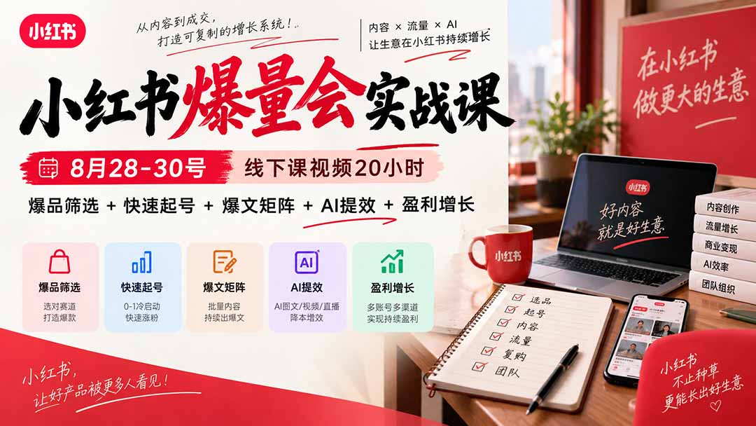 最新（20617期）小红书爆量会实战课-更新9月23：线下课视频20小时，爆品筛选+快速起号+爆文矩阵+AI提效+盈利增长-元界资源网