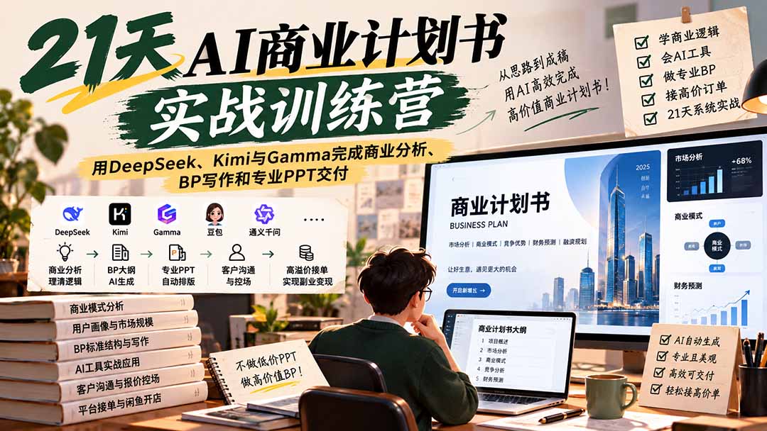 （20637期）【无水印】21天AI商业计划书实战训练营：用DeepSeek、Kimi与Gamma完成商业分析、BP写作和专业PPT交付（指南）-元界资源网