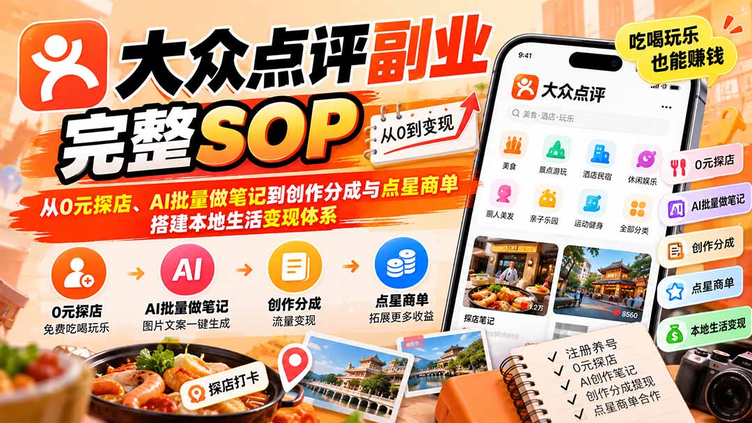 实用（20638期）【无水印】大众点评副业完整SOP：从0元探店、AI批量做笔记到创作分成与点星商单，搭建本地生活变现体系-元界资源网