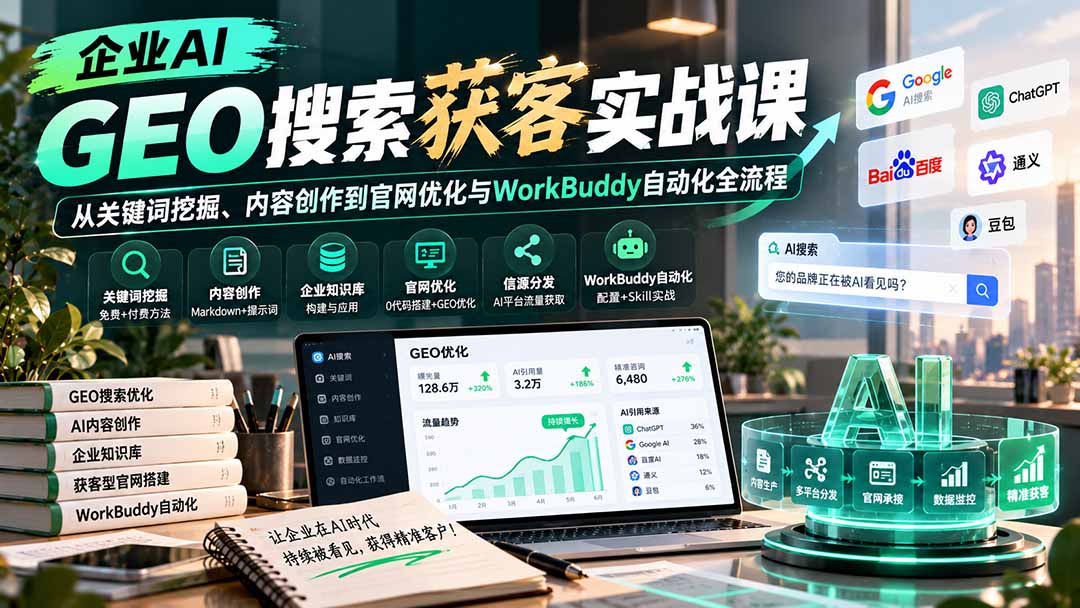 （20643期）企业AI GEO搜索获客实战课：从关键词挖掘、内容创作到官网优化与WorkBuddy自动化全流程（合集）-元界资源网
