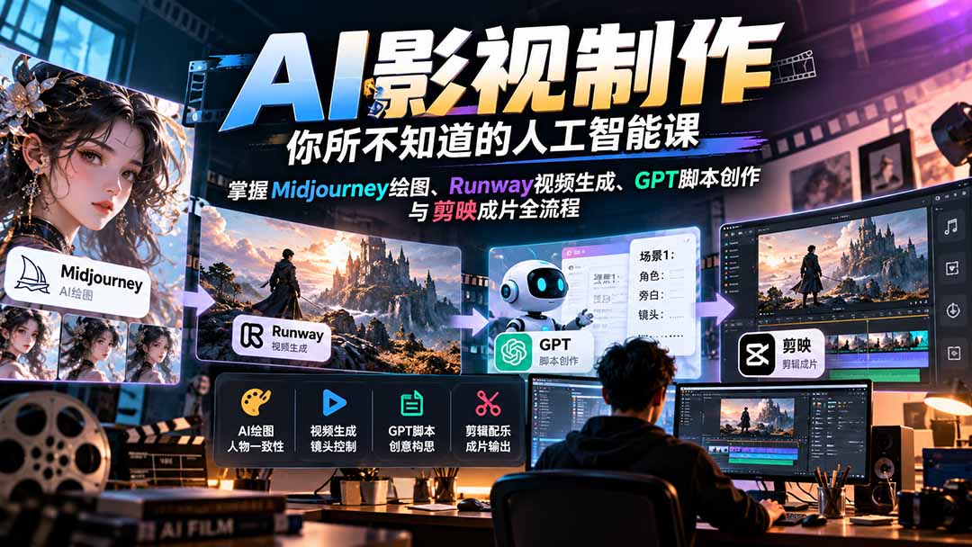 最新（20681期）AI影视制作-你所不知道的人工智能课，掌握Midjourney绘图、Runway视频生成、GPT脚本创作与剪映成片全流程-元界资源网
