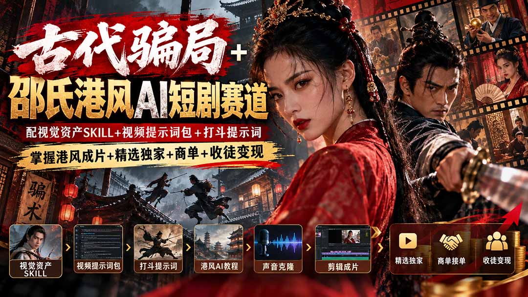 实用(20684期)古代骗局+邵氏港风AI短剧赛道:配视觉资产SKILL+视频提示词包+打斗提示词,掌握港风成片+精选独家+商单+收徒变现-元界资源网