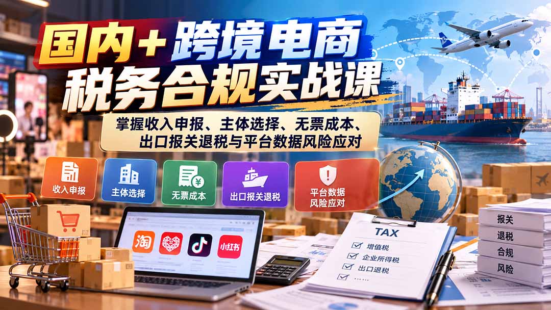 【分享】(20686期)国内+跨境电商税务合规实战课:掌握收入申报、主体选择、无票成本、出口报关退税与平台数据风险应对-元界资源网