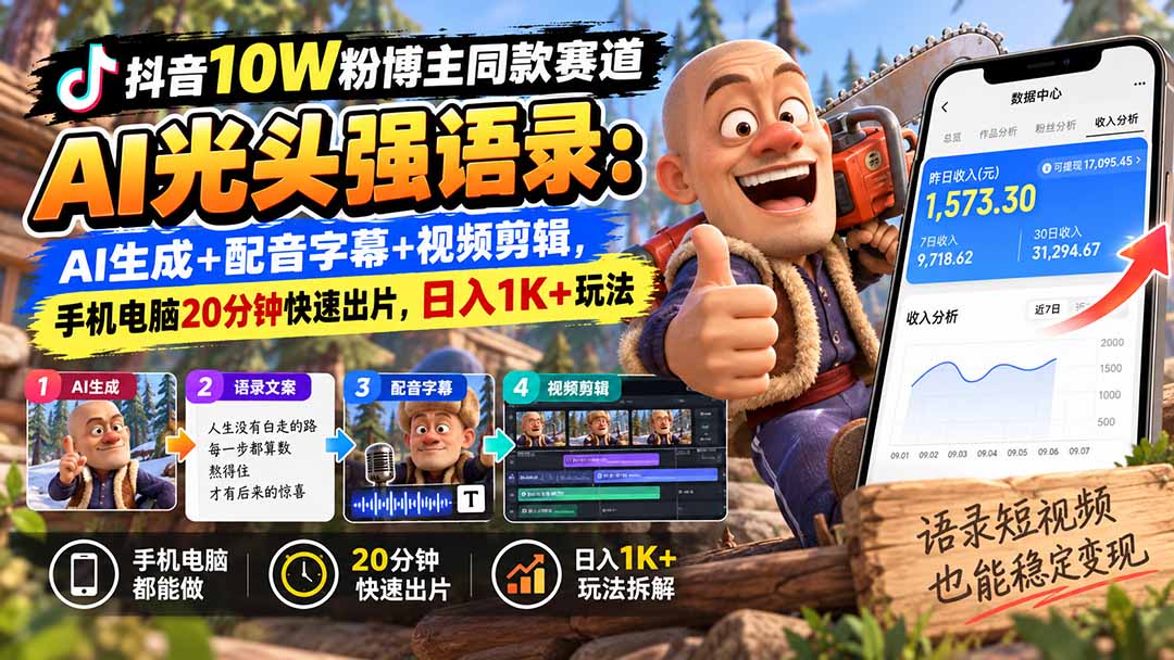 (20687期)【无水印】抖音10W粉博主同款赛道AI光头强语录:AI生成+配音字幕+视频剪辑,手机电脑20分钟快速出片,日入1K+玩法(指南)-元界资源网