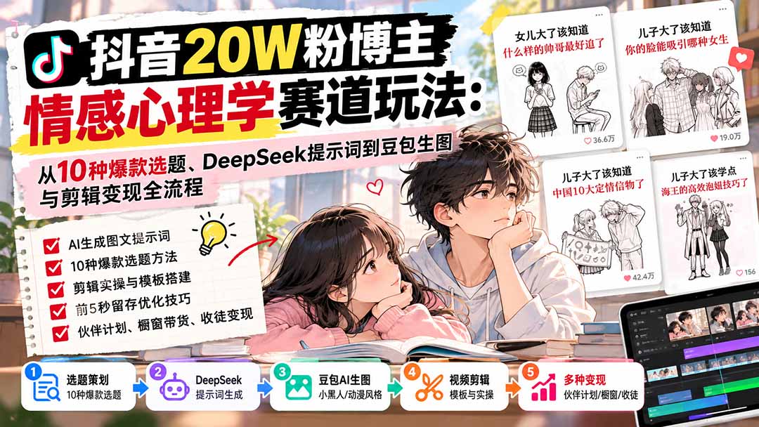 (20688期)抖音20W粉博主-情感心理学赛道玩法:从10种爆款选题、DeepSeek提示词到豆包生图与剪辑变现全流程(资源下载)-元界资源网