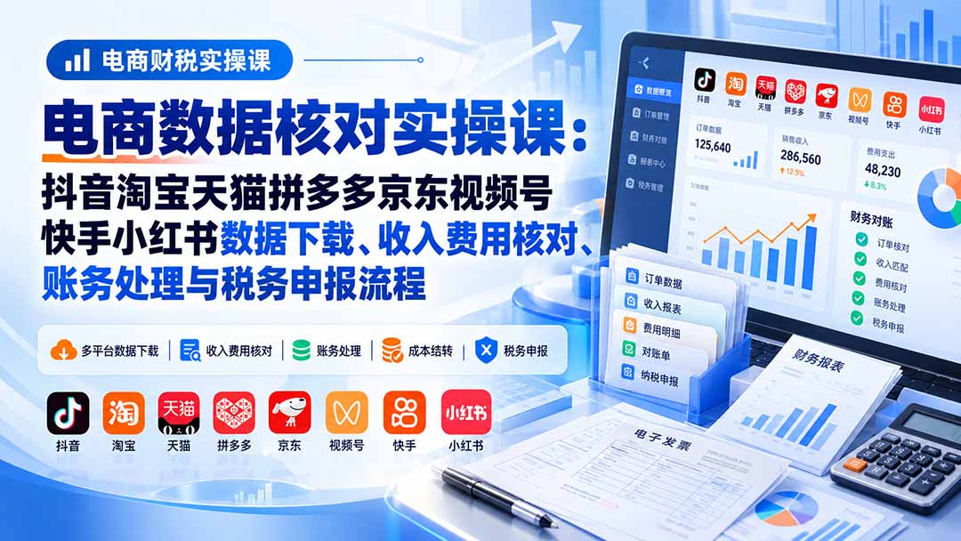 (20723期)电商数据核账实操课:抖音淘宝天猫拼多多京东视频号快手小红书数据下载、收入费用核对、账务处理与税务申报流程(指南)-元界资源网