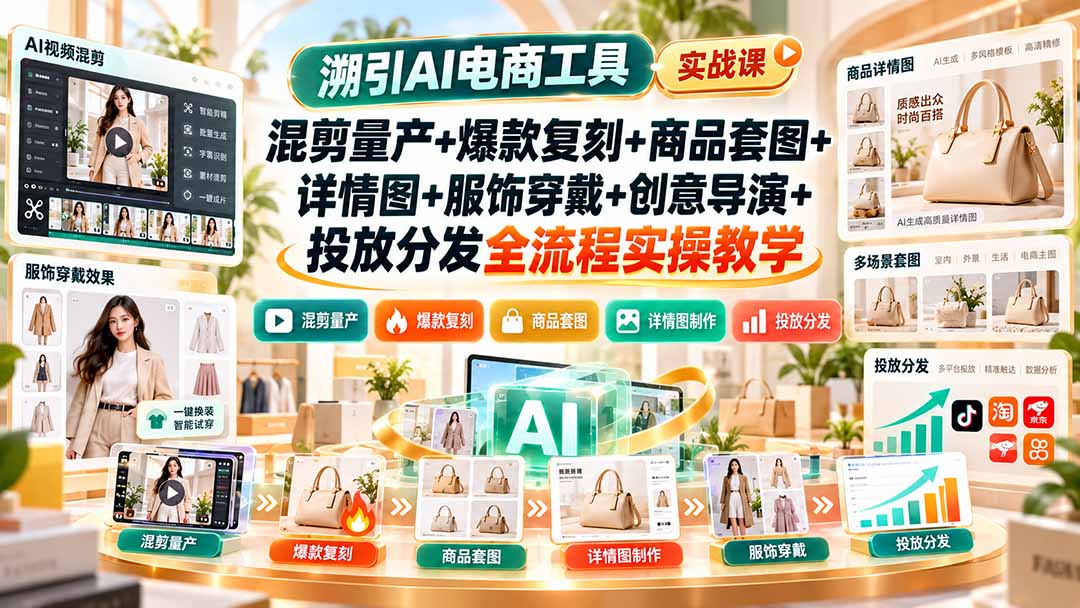 最新(20724期)溯引AI电商工具实战课:混剪量产+爆款复刻+商品套图+详情图+服饰穿戴+创意导演+投放分发全流程实操教学-元界资源网