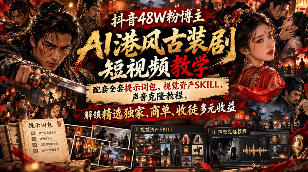 实用抖音48W粉博主AI港风古装剧短视频教学，配套全套提示词包、视觉资产SKILL、声音克隆教程，解锁精选独家、商单、收徒多元收益-元界资源网
