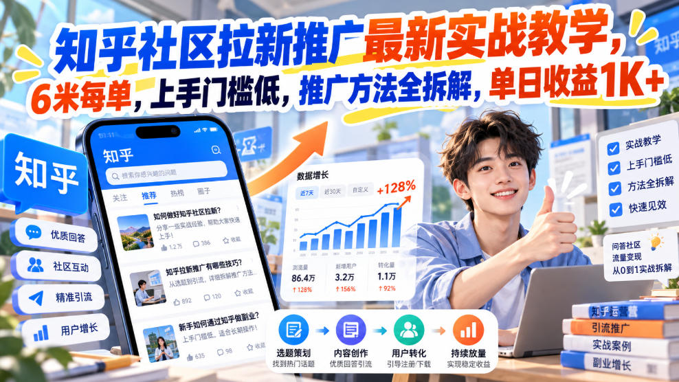 实用知乎社区拉新推广最新实战教学，6米每单，上手门槛低，推广方法全拆解，单日收益1K+！-元界资源网
