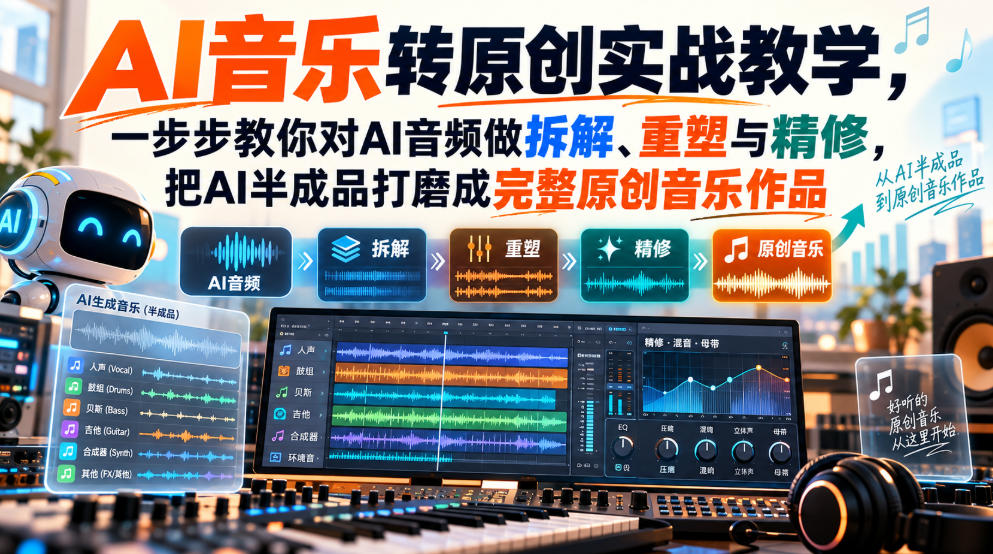 实用AI音乐转原创实战教学,一步步教你对AI音频做拆解、重塑与精修,把AI半成品打磨成完整原创音乐作品-元界资源网
