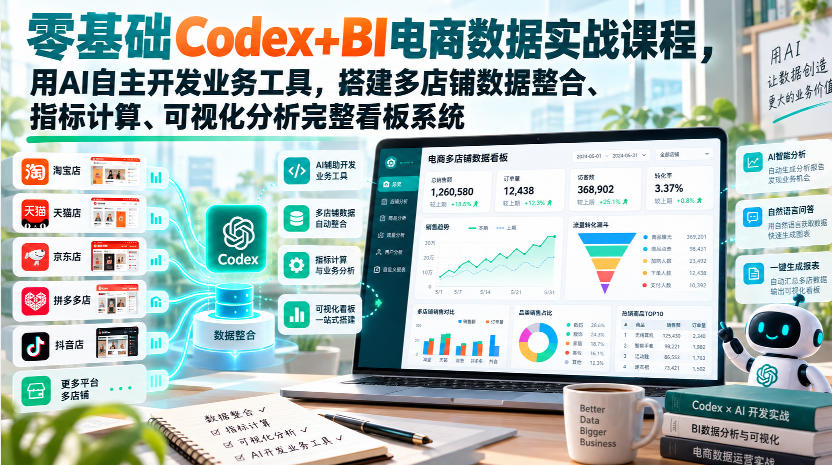 零基础Codex+BI电商数据实战课程,用AI自主开发业务工具,搭建多店铺数据整合、指标计算、可视化分析完整看板系统(详解)-元界资源网
