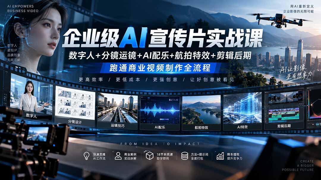 最新(20548期)企业级AI宣传片实战课|数字人+分镜运镜+AI配乐+航拍特效+剪辑后期,跑通商业视频制作全流程-元界资源网