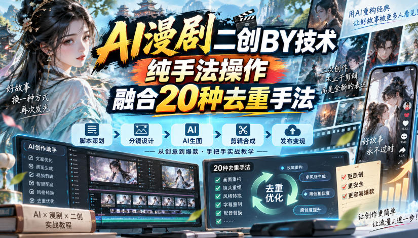 AI漫剧二创搬运技术，纯手法操作，融合20种去重手法（详解）-元界资源网