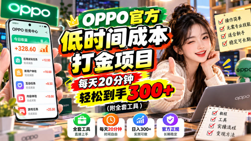OPPO官方低时间成本打金项目,每天20分钟,轻松到手300+(附全套工具)【揭秘】(合集)-元界资源网