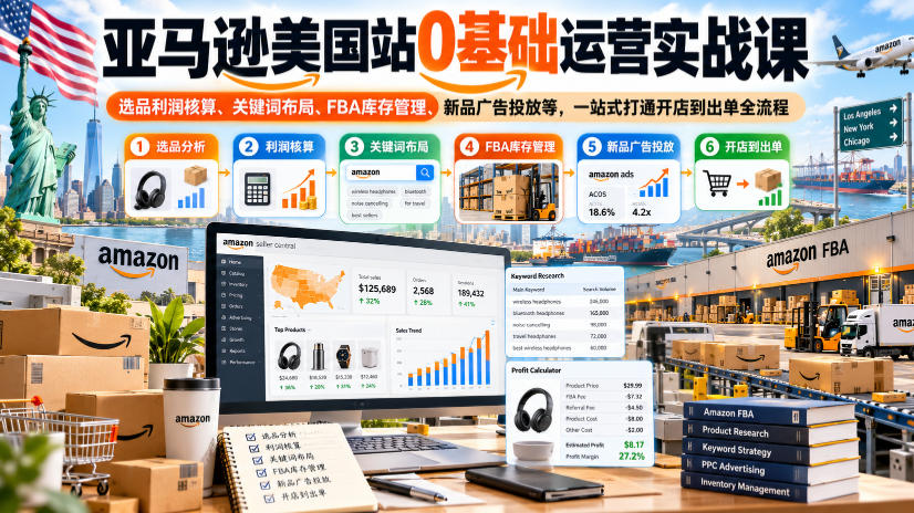 亚马逊美国站0基础运营实战课｜选品利润核算、关键词布局、FBA库存管理、新品广告投放等，一站式打通开店到出单全流程（合集）-元界资源网