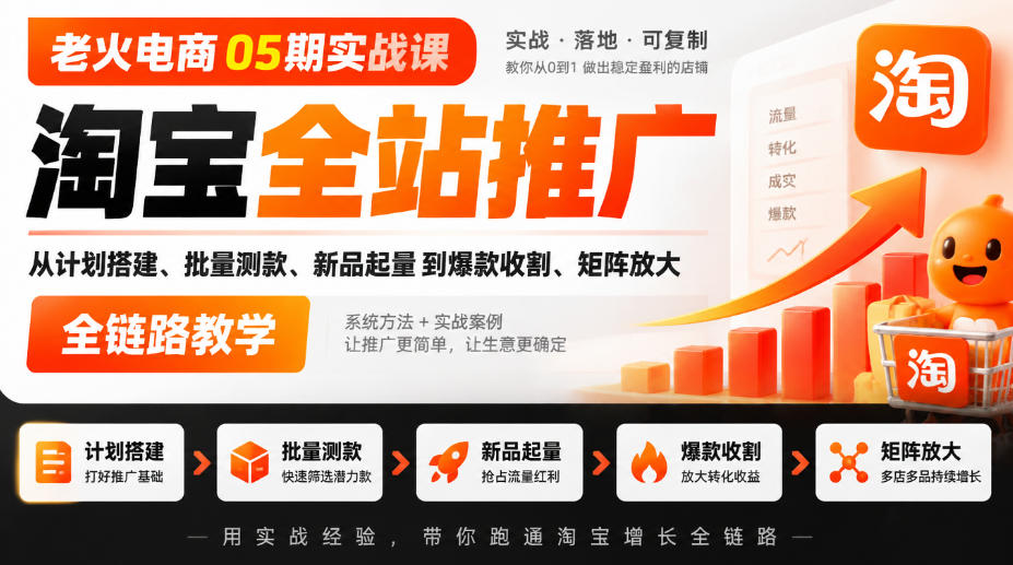 老火电商05期实战课｜淘宝全站推广从计划搭建、批量测款、新品起量到爆款收割、矩阵放大全链路教学（教程）-元界资源网