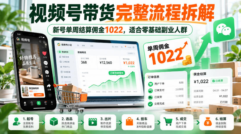 视频号带货完整流程拆解，新号单周结算佣金1022，适合零基础副业人群（资源下载）-元界资源网