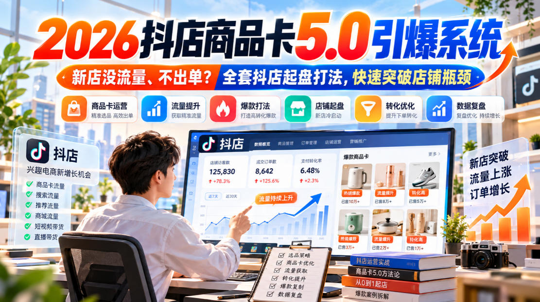 最新2026抖店商品卡5.0引爆系统，新店没流量、不出单？全套抖店起盘打法，快速突破店铺瓶颈-元界资源网