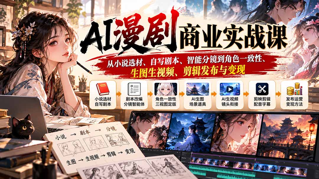 实用(20811期)AI漫剧商业实战课:从小说选材、自写剧本、智能分镜到角色一致性、生图生视频、剪辑发布与变现-元界资源网