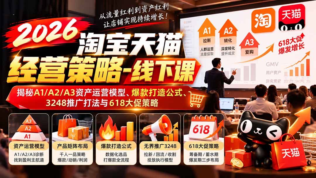 【精选】（20912期）2026淘宝天猫经营策略-线下课：揭秘A1/A2/A3资产运营模型、爆款打造公式、3248推广打法与618大促策略-元界资源网