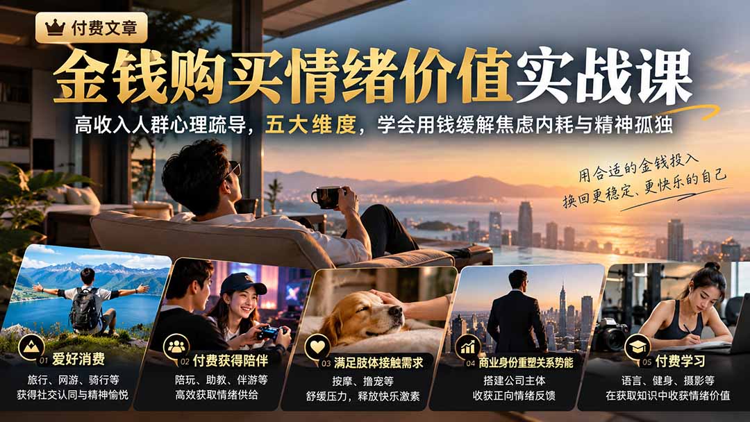(20941期)付费文章:金钱购买情绪价值实战课|高收入人群心理疏导,五大维度,学会用钱缓解焦虑内耗与精神孤独(指南)-元界资源网