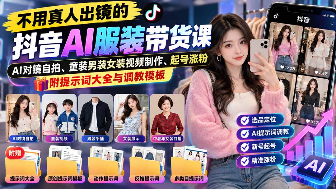 (20960期)不用真人出镜的抖音AI服装带货课:AI对镜自拍、童装男装女装视频制作、起号涨粉,附提示词大全与调教模板(资源下载)-元界资源网