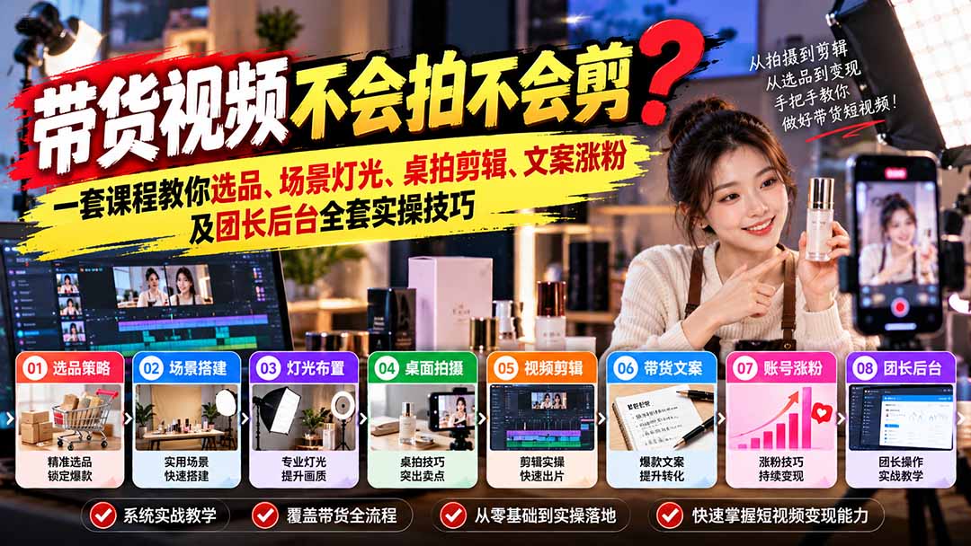 【精选】(20980期)带货视频不会拍不会剪?一套课程教你选品、场景灯光、桌拍剪辑、文案涨粉及团长后台全套实操技巧 复制标题-元界资源网