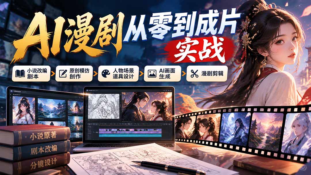 (21069期)AI漫剧从零到成片实战:小说改编剧本、原创模仿创作、人物场景道具设计、AI画面生成与漫剧剪辑(资源下载)-元界资源网