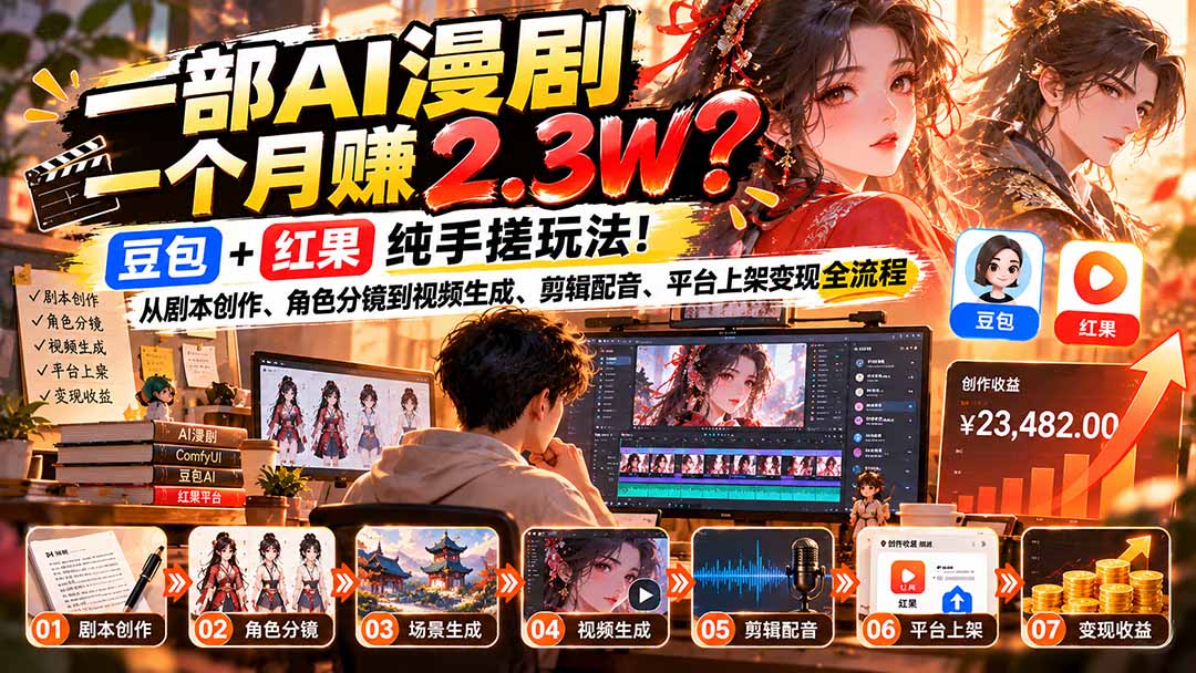 【推荐】(21089期)一部AI漫剧一个月赚2.3W?豆包+红果纯手搓玩法!从剧本创作、角色分镜到视频生成、剪辑配音、平台上架变现全流程-元界资源网