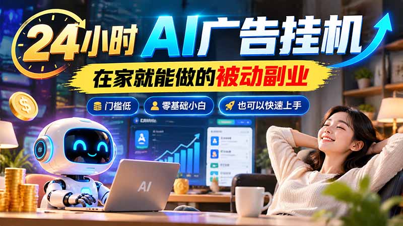 (21118期)24小时AI广告挂机|在家就能做的被动副业,门槛低,零基础小白也可以快速上手(资源下载)-元界资源网